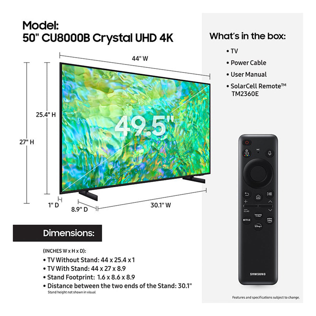 Samsung UN50CU8000 50" Crystal UHD 4K Smart TV with HDR, Object Tracking Sound Lite, & 4K Upscaling (2023)