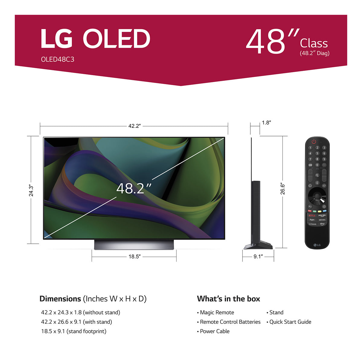LG OLED48C3PUA 48" 4K UHD OLED evo Smart TV with Ultra Slim Design, Dolby Vision, & A9 Intelligent Processor (2023)