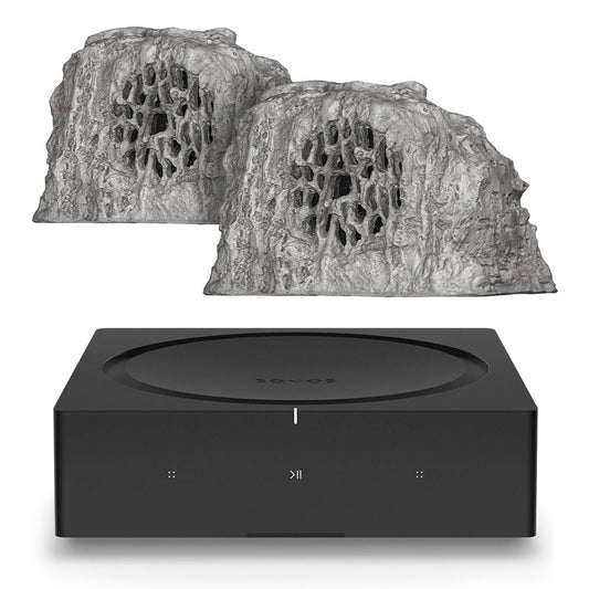 Rockustics EconoRock 6.5" 2-way Outdoor Powered Rock Speaker - Pair (Grey) with AMP Wireless Hi-Fi Player (Black)