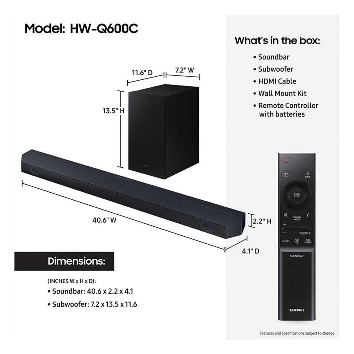 Samsung HW-Q600C 3.1.2 Ch Soundbar with Wireless Subwoofer, Dobly Atmos, DTS:X, & Wall Mount Kit (2023)