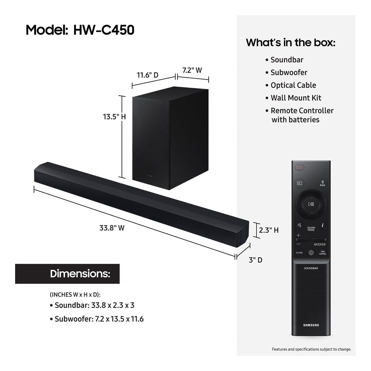 Samsung HW-C450ZA 2.1 Ch Soundbar with Wireless Subwoofer, Bass Boost, and DTS Virtual:X (2023)