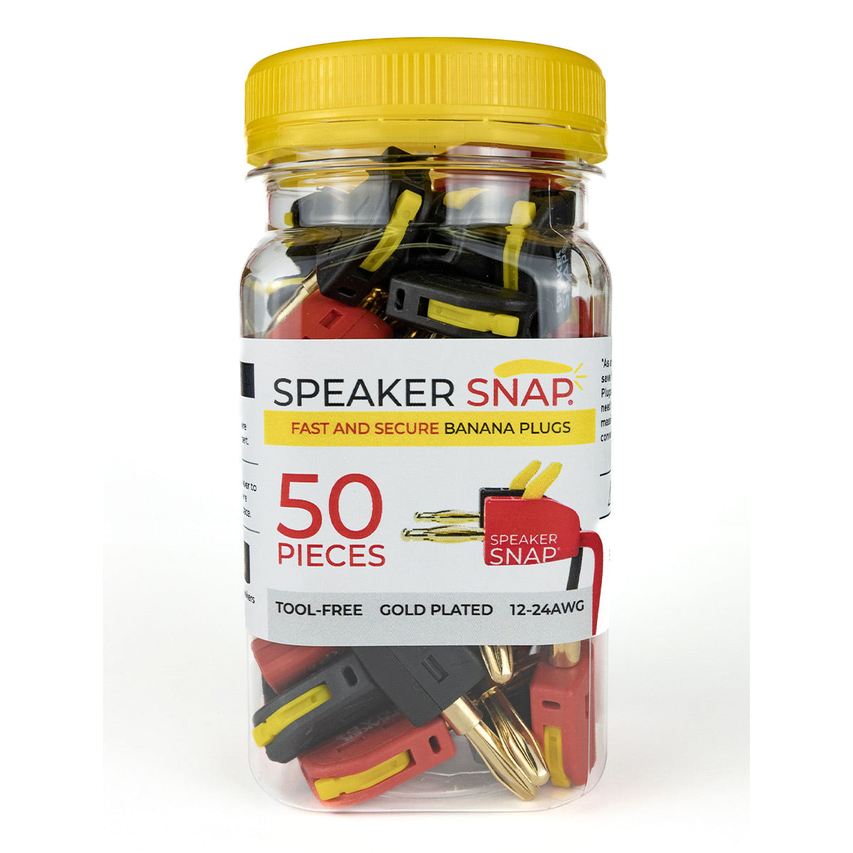 Speaker Snap 50 Count of Fast & Secure Banana Plugs, Gold Plated, 12-24 AWG, for Home Theaters, Speaker Wire, Wall Plates, and Receivers