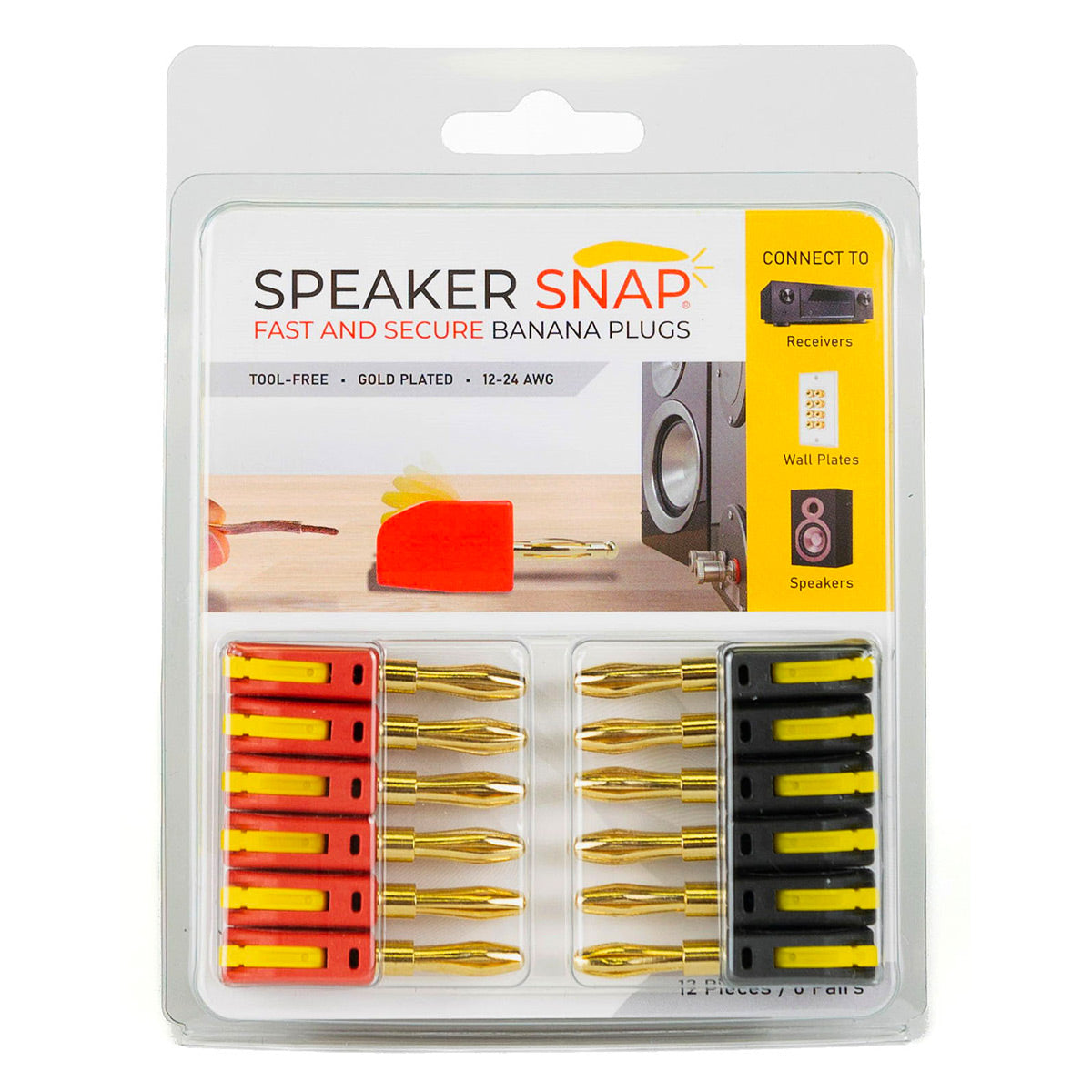 Speaker Snap 12 Count of Fast & Secure Banana Plugs, Gold Plated, 12-24 AWG, for Home Theaters, Speaker Wire, Wall Plates, and Receivers
