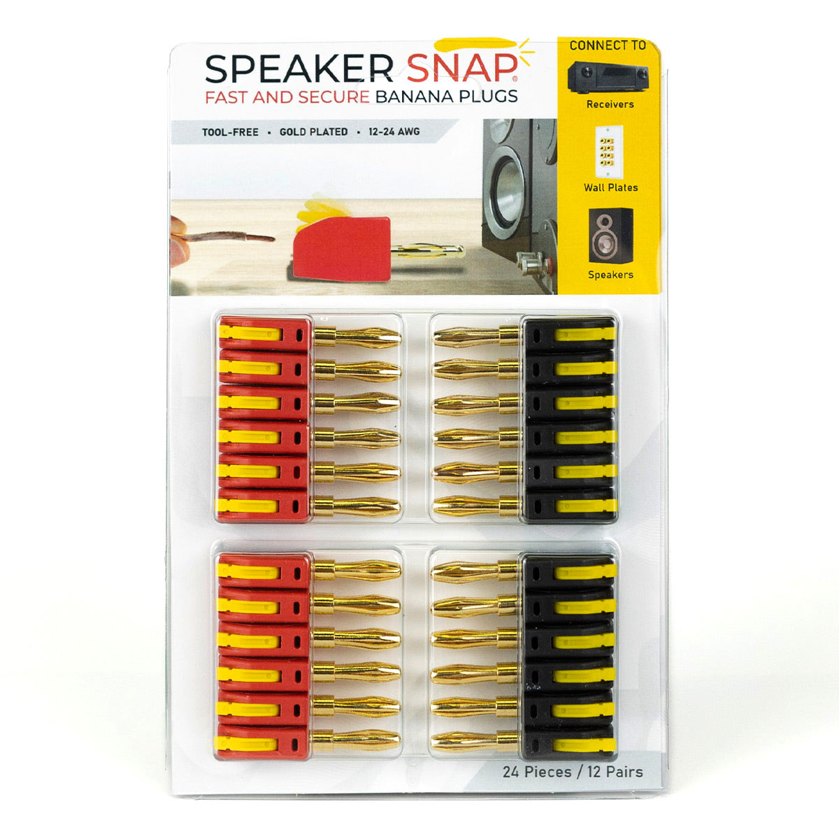 Speaker Snap 24 Count of Fast & Secure Banana Plugs, Gold Plated, 12-24 AWG, for Home Theaters, Speaker Wire, Wall Plates, and Receivers
