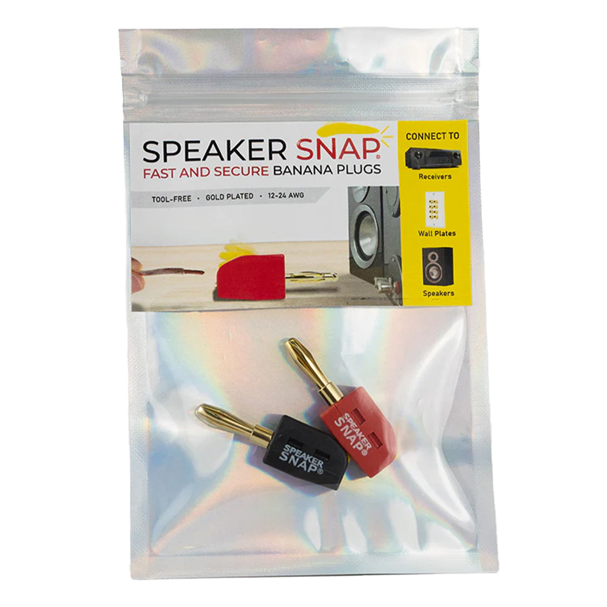Speaker Snap 2 Count of Fast & Secure Banana Plugs, Gold Plated, 12-24 AWG, for Home Theaters, Speaker Wire, Wall Plates, and Receivers