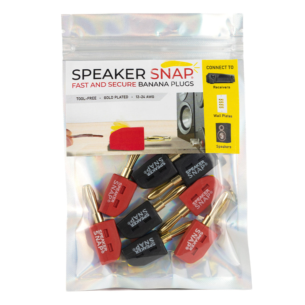Speaker Snap 8 Count of Fast & Secure Banana Plugs, Gold Plated, 12-24 AWG, for Home Theaters, Speaker Wire, Wall Plates, and Receivers