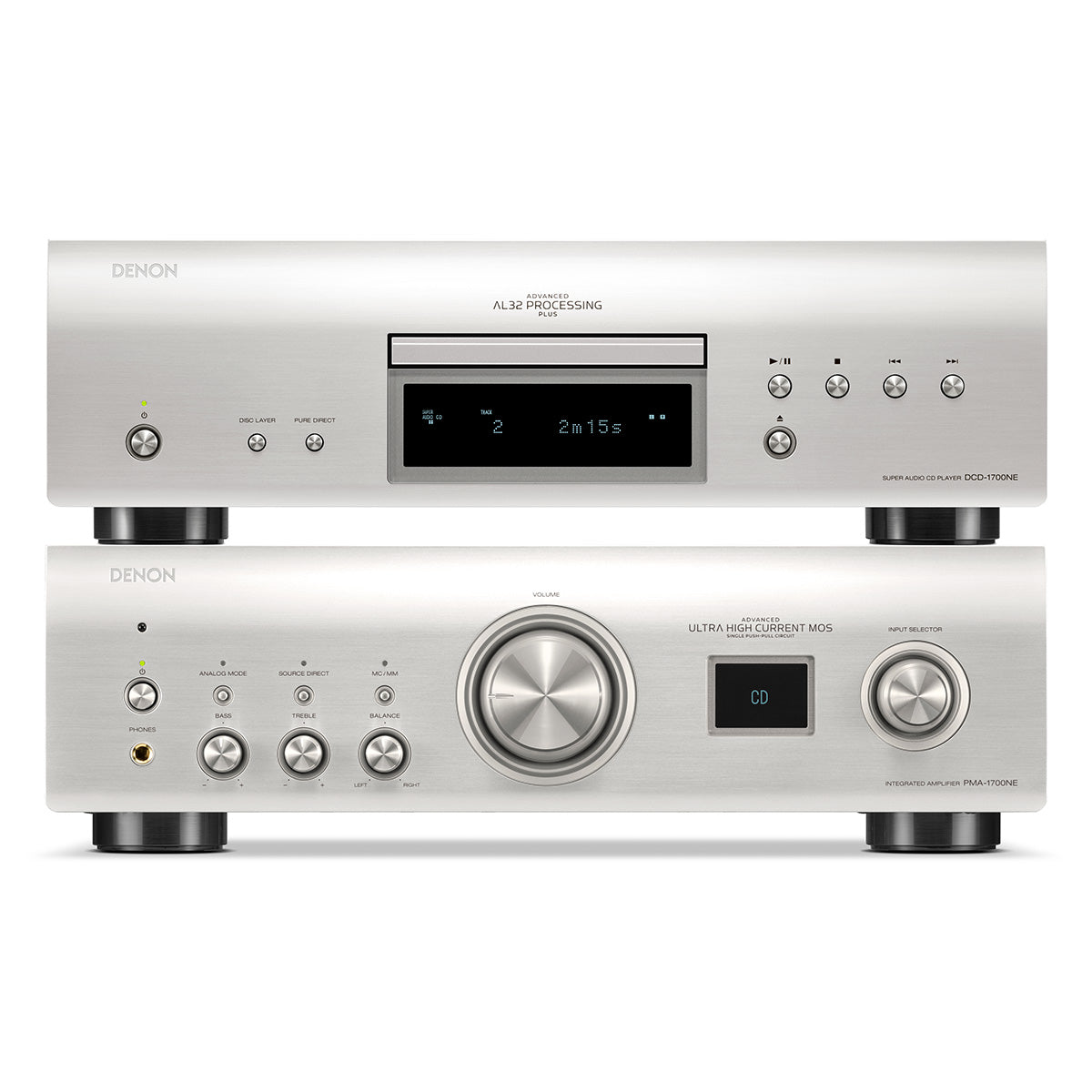 Denon PMA-1700NE 140W Integrated Amplifier with DCD-1700NE CD/SACD Player with Advanced AL32 Processing Plus (Silver)