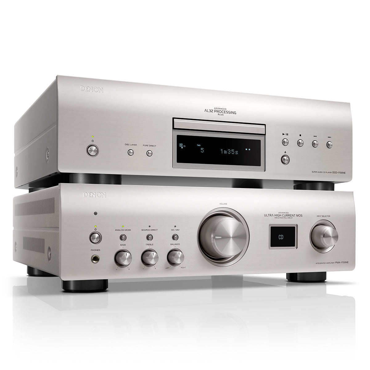 Denon PMA-1700NE 140W Integrated Amplifier with DCD-1700NE CD/SACD Player with Advanced AL32 Processing Plus (Silver)