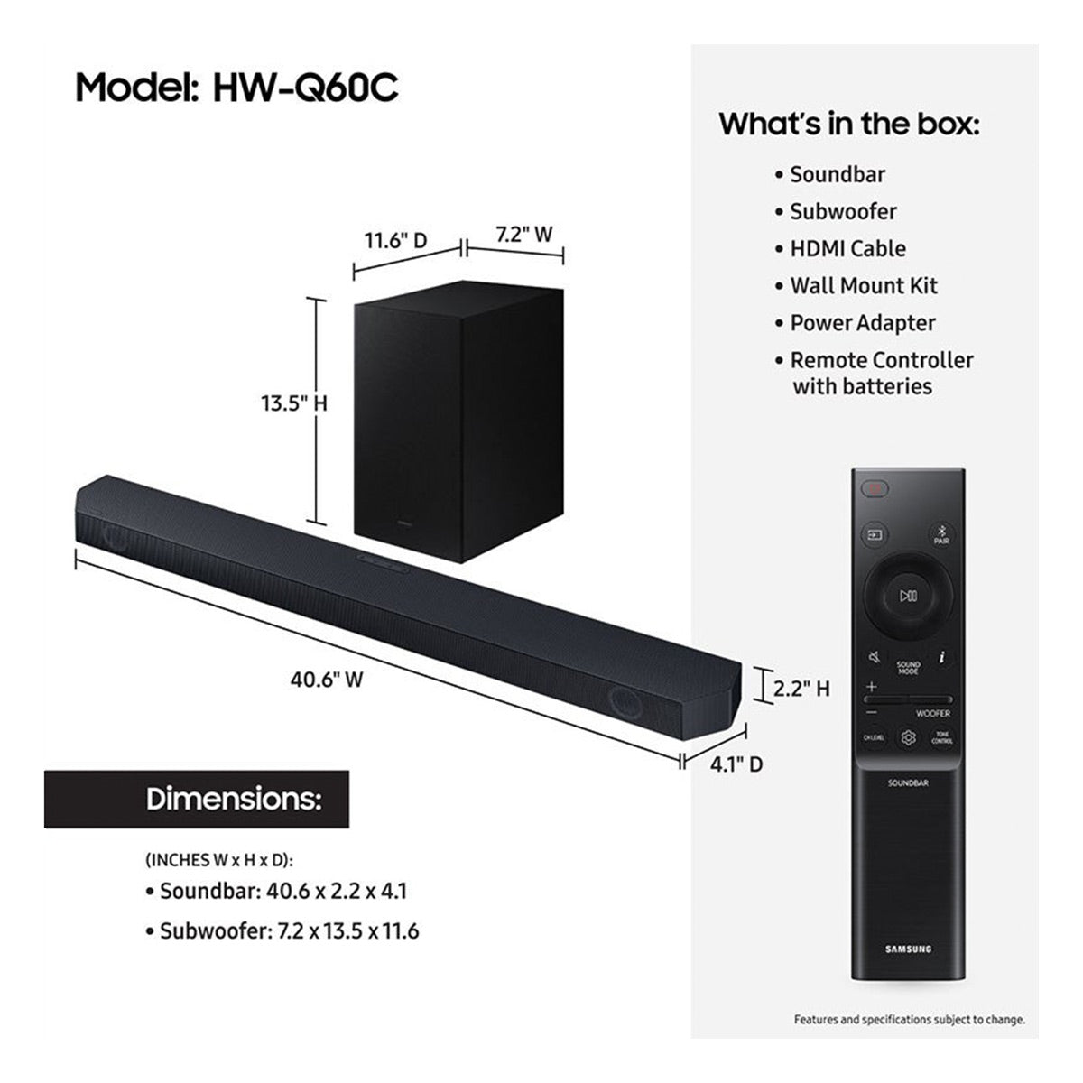 Samsung HW-Q60C 3.1 Ch Surround Sound System with Wireless Subwoofer, Dobly Atmos, and DTS Virtual:X (2023)