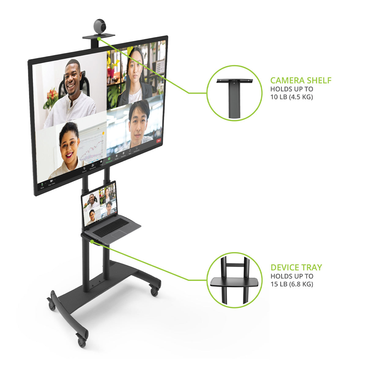 Kanto MTM86PL Height-Adjustable Rolling TV Stand for 55" - 86" TVs with Device Tray and Webcam Shelf