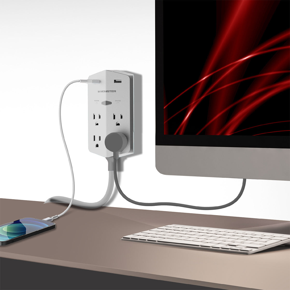 Monster Power Shield XL 540 Joule Surge Protector with 4 AC Outlets & 2 USB-A Ports (White)