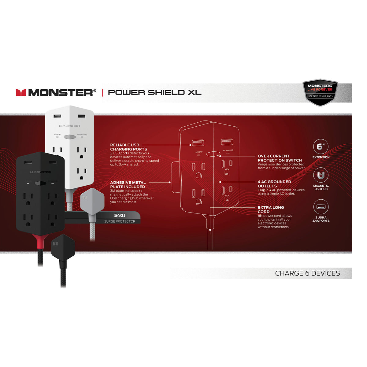 Monster Power Shield XL 540 Joule Surge Protector with 4 AC Outlets & 2 USB-A Ports (White)