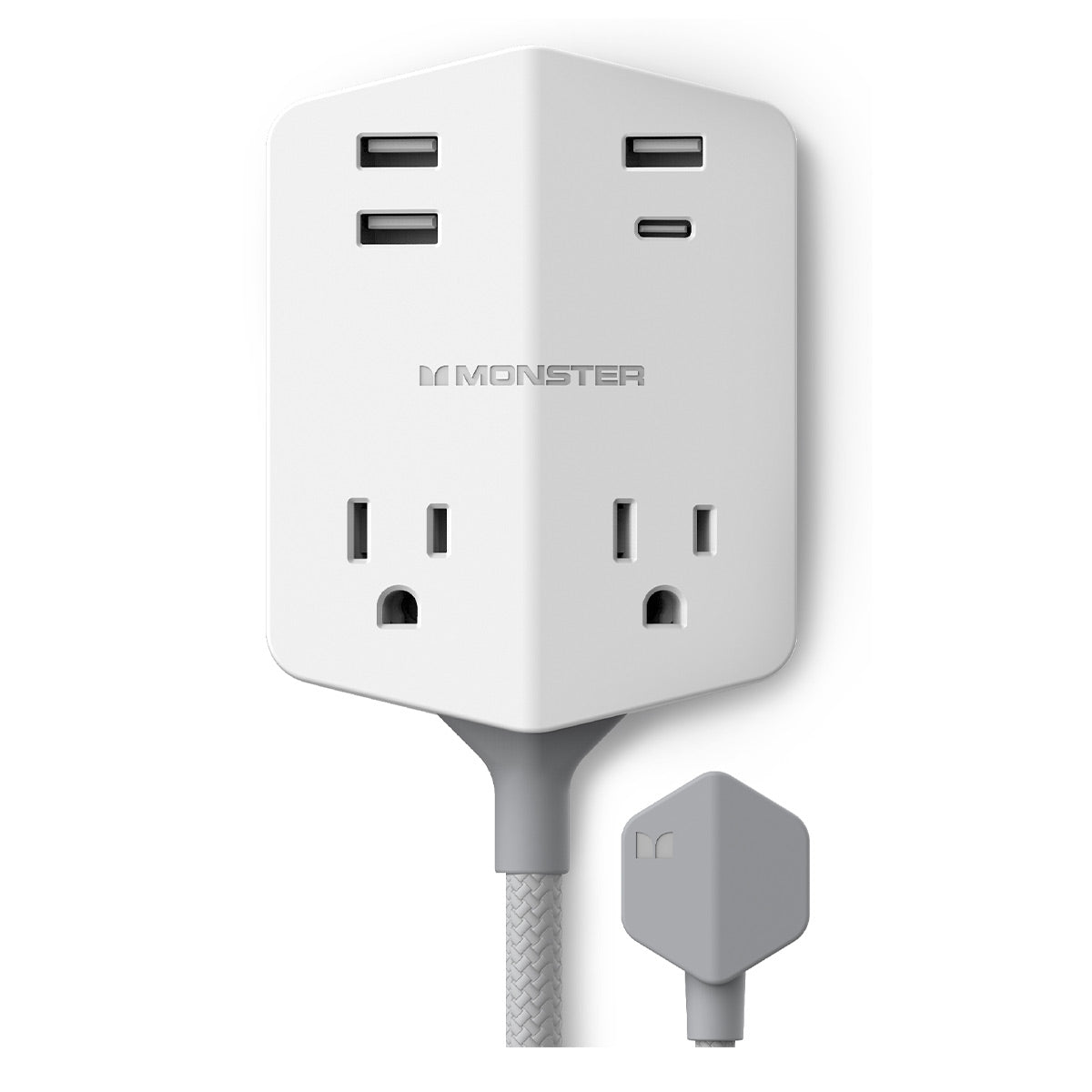 Monster Power Shield Moveable Power Outlet with 2 AC Outlets, 3 USB-A, 1 USB-C, Magnetic Plate, & 6 ft Cord (White)