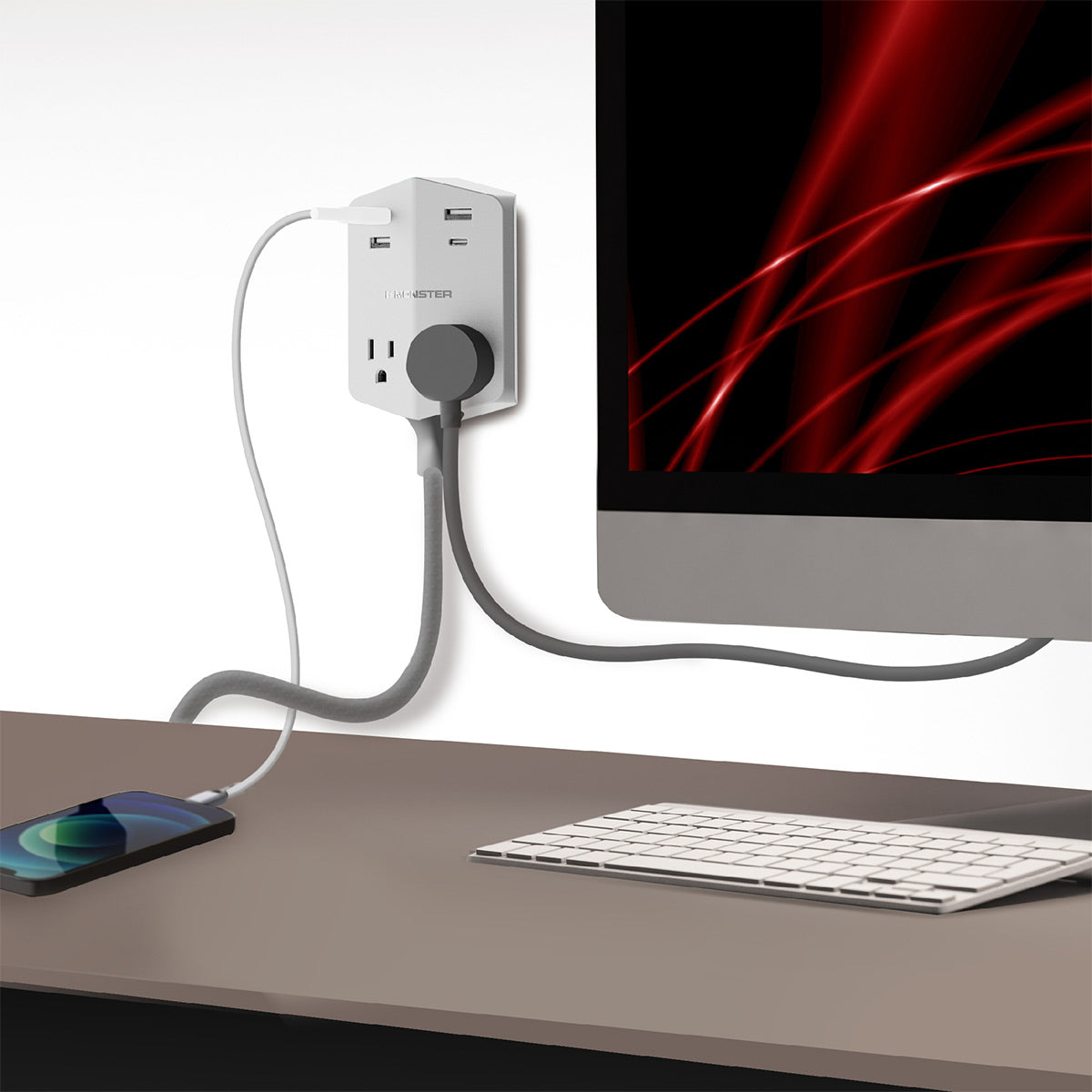 Monster Power Shield Moveable Power Outlet with 2 AC Outlets, 3 USB-A, 1 USB-C, Magnetic Plate, & 6 ft Cord (White)