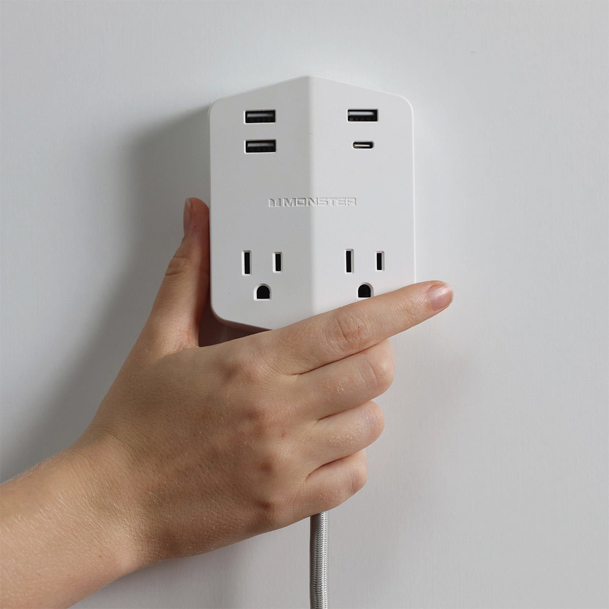 Monster Power Shield Moveable Power Outlet with 2 AC Outlets, 3 USB-A, 1 USB-C, Magnetic Plate, & 6 ft Cord (White)