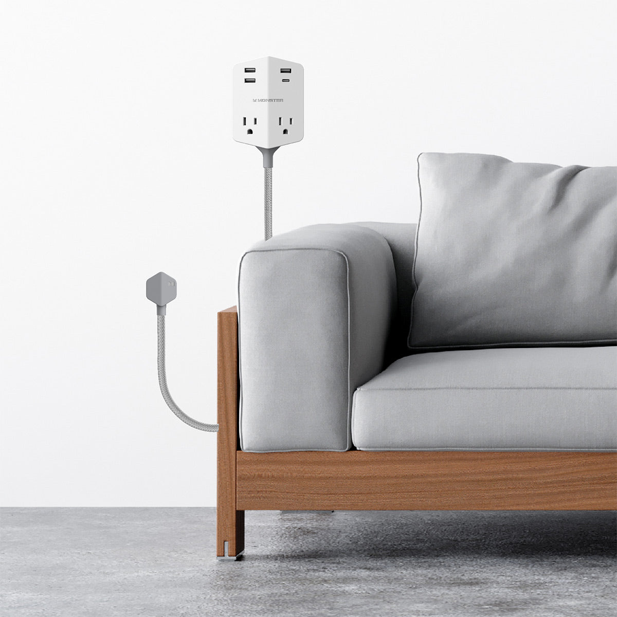 Monster Power Shield Moveable Power Outlet with 2 AC Outlets, 3 USB-A, 1 USB-C, Magnetic Plate, & 6 ft Cord (White)