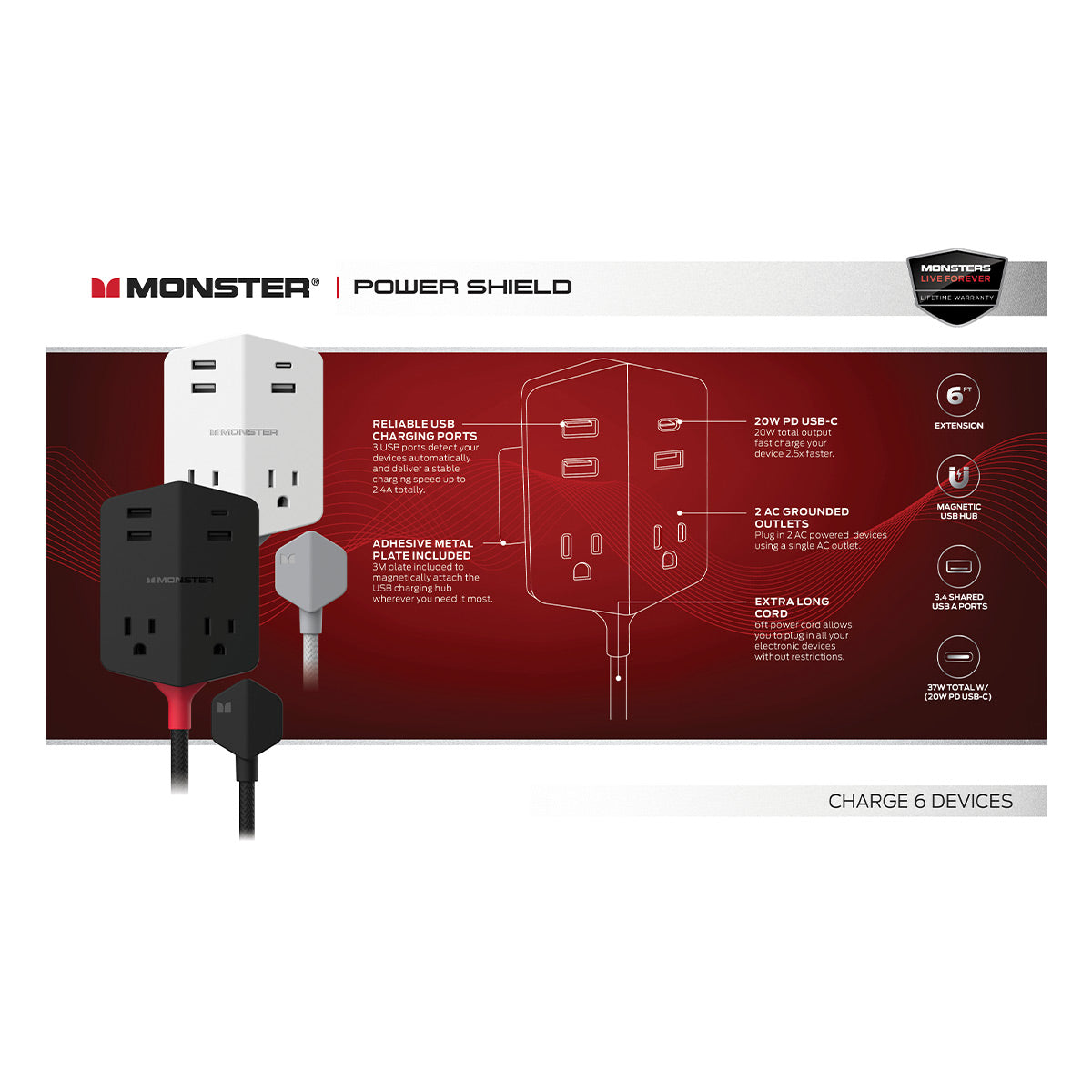 Monster Power Shield Moveable Power Outlet with 2 AC Outlets, 3 USB-A, 1 USB-C, Magnetic Plate, & 6 ft Cord (White)