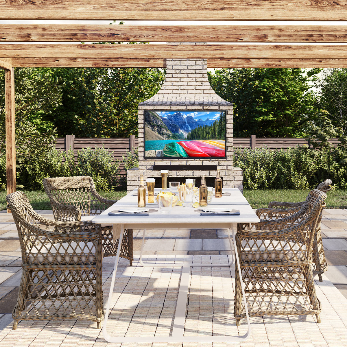 Furrion Aurora 130W 2.1 Outdoor Sound System with 8" Wireless Subwoofer, Bluetooth, HDMI-ARC, & Optical Inputs