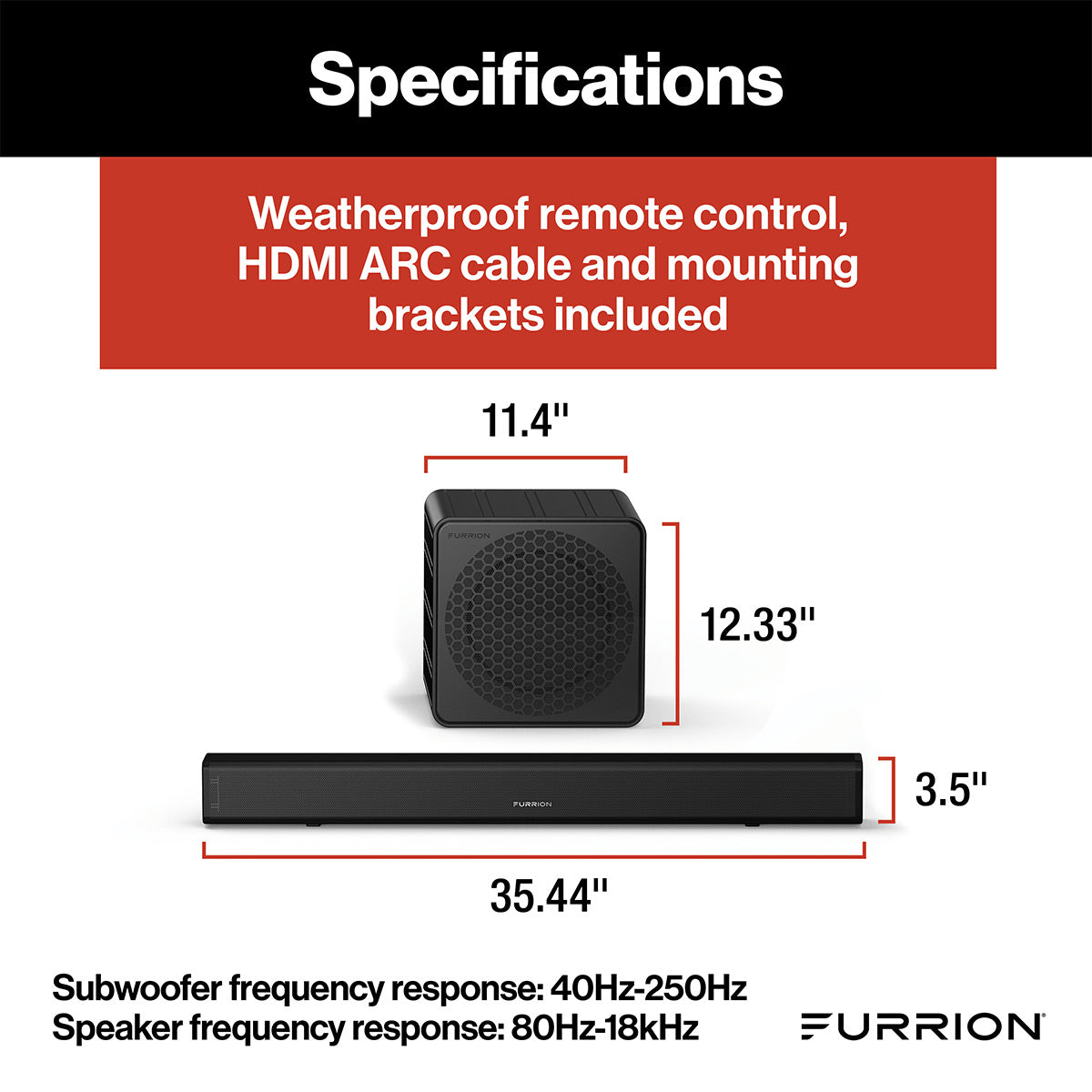 Furrion Aurora 130W 2.1 Outdoor Sound System with 8" Wireless Subwoofer, Bluetooth, HDMI-ARC, & Optical Inputs
