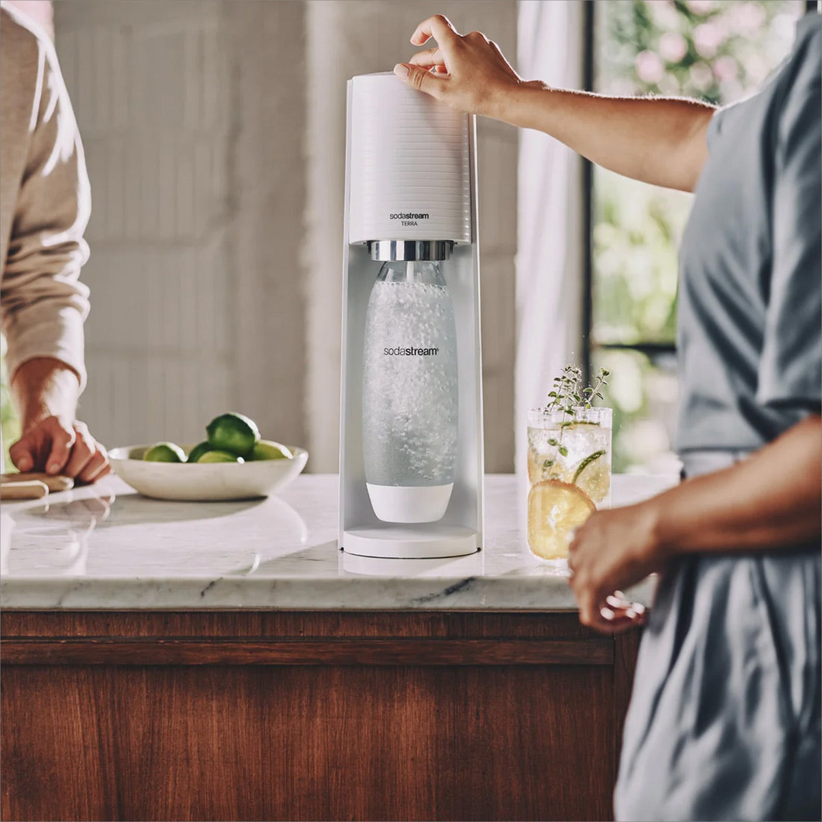 SodaStream Terra Sparkling Water Maker with Dishwasher Safe Bottle and Quick Connect CO2 Cylinder (White)
