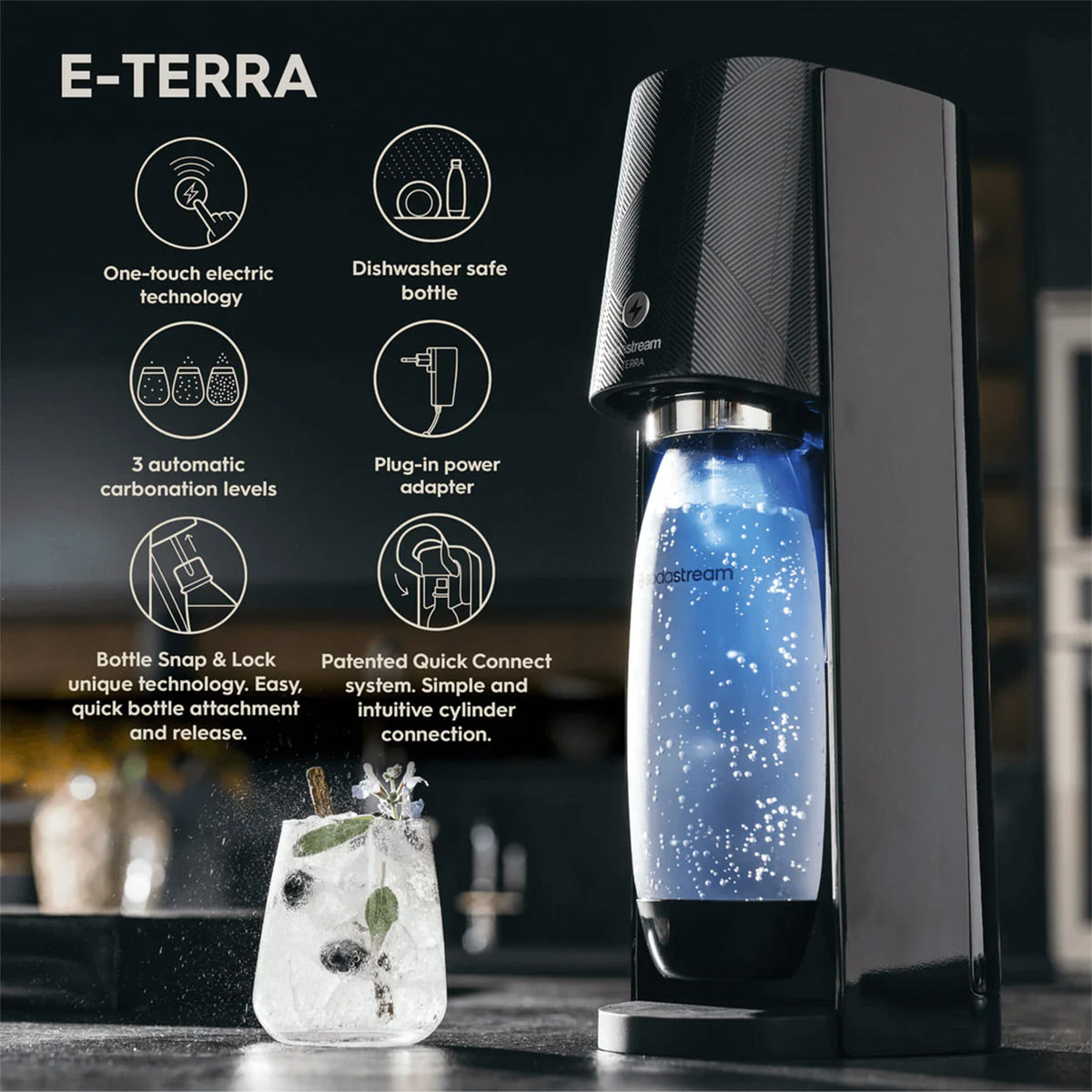 SodaStream E-Terra Sparkling Water Maker with Dishwasher Safe Bottle and Quick Connect CO2 Cylinder (Black)
