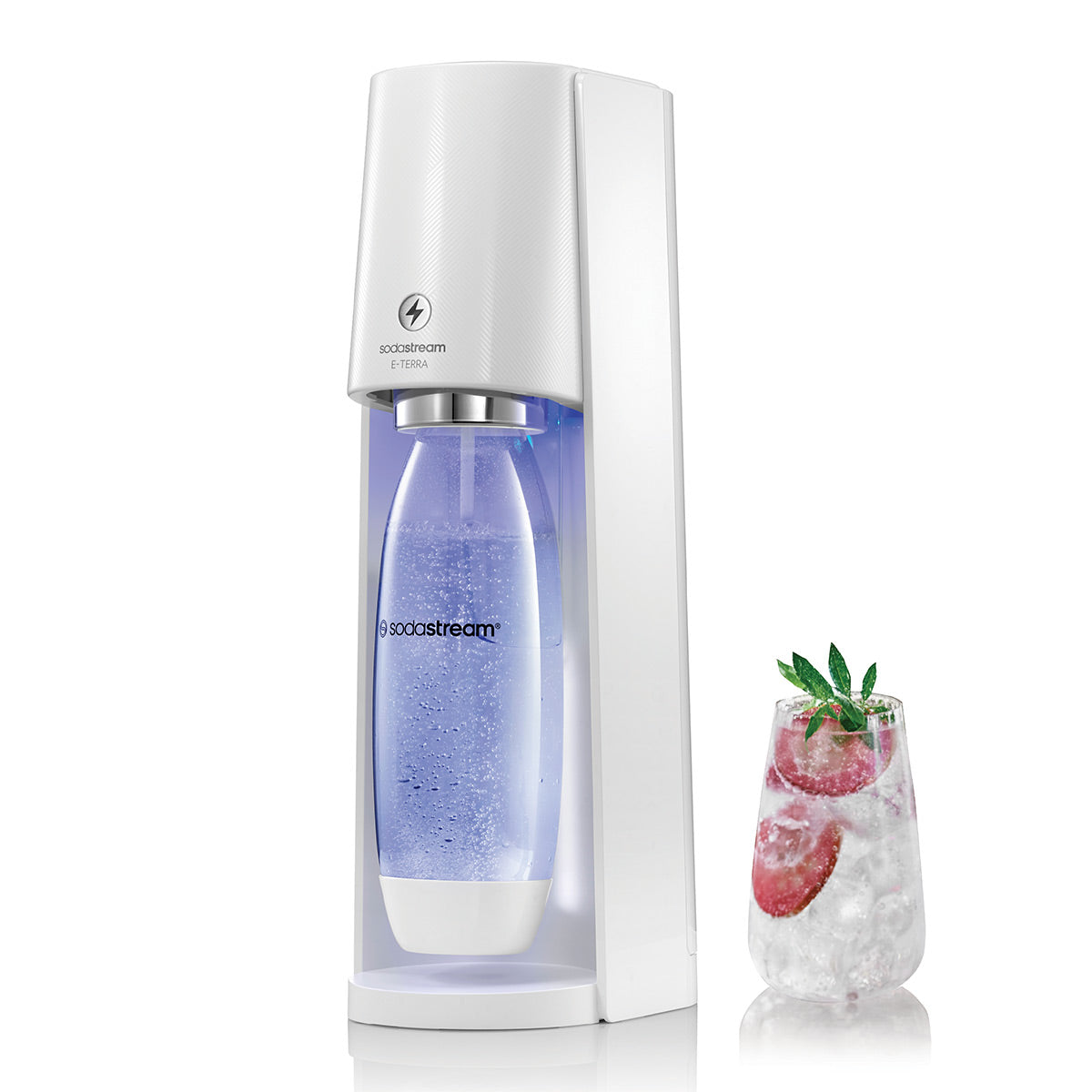 SodaStream E-Terra Sparkling Water Maker with Dishwasher Safe Bottle and Quick Connect CO2 Cylinder (White)
