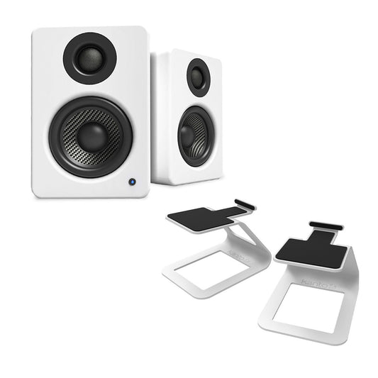 Kanto YU2 Powered Desktop Speakers and SE2 Speaker Stands for Small Speakers - Pair (Matte White/White)