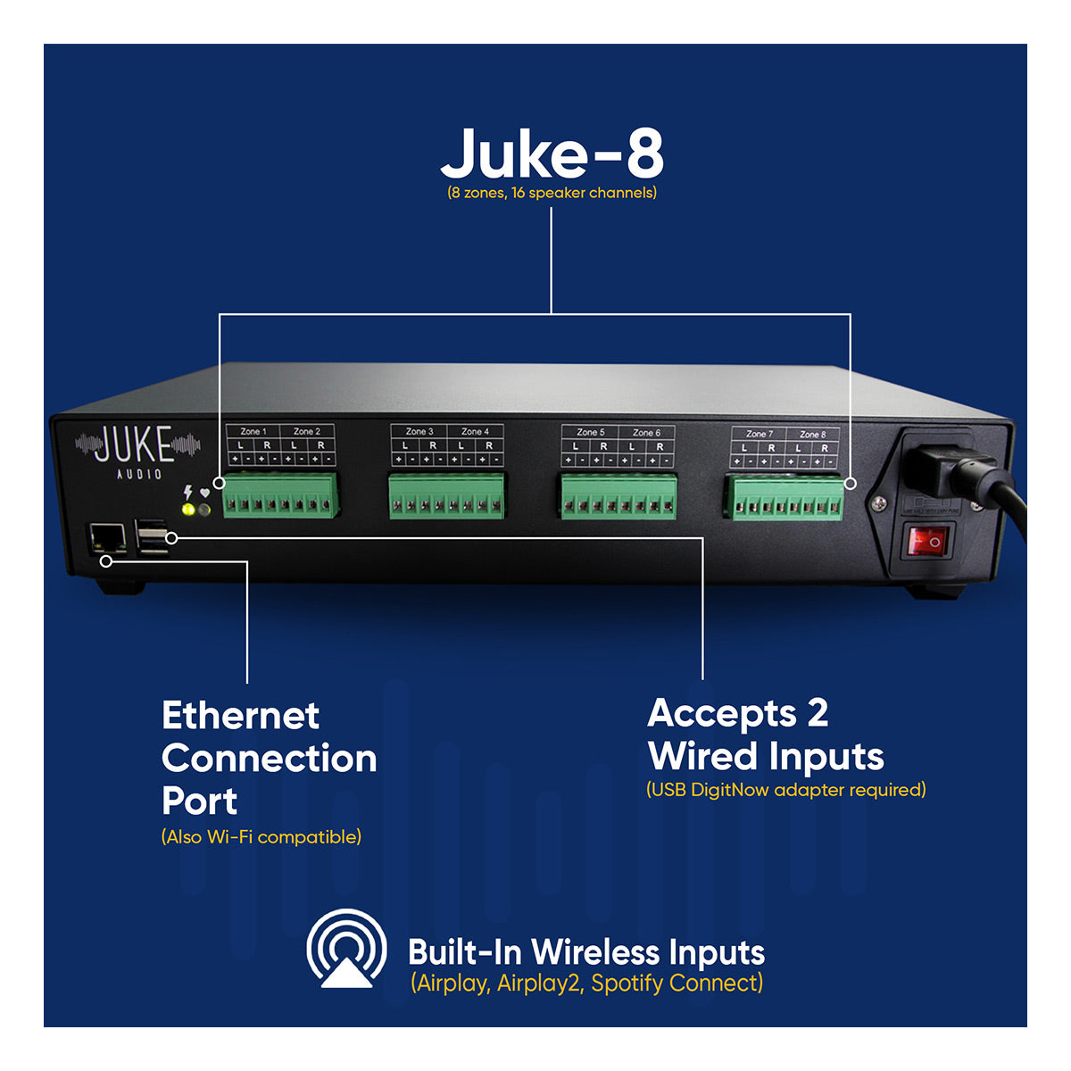 Juke Audio Juke-8 8 Zone Multi-Room Audio Amplifier with Airplay 2, Spotify Connect, & DLNA