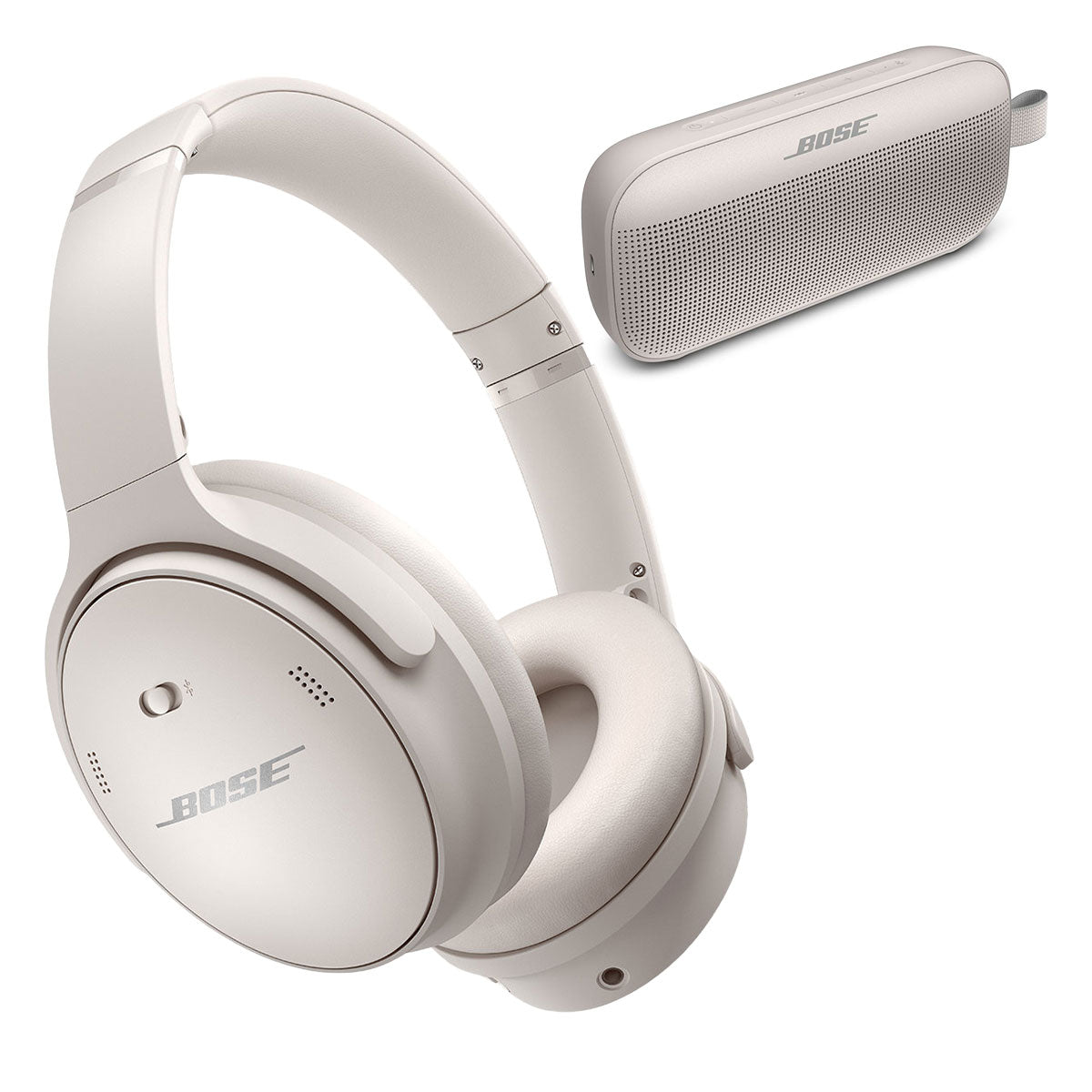 Bose QuietComfort 45 Wireless Noise Canceling Headphones (White) and Bose SoundLink Flex Bluetooth Portable Speaker (White Smoke)