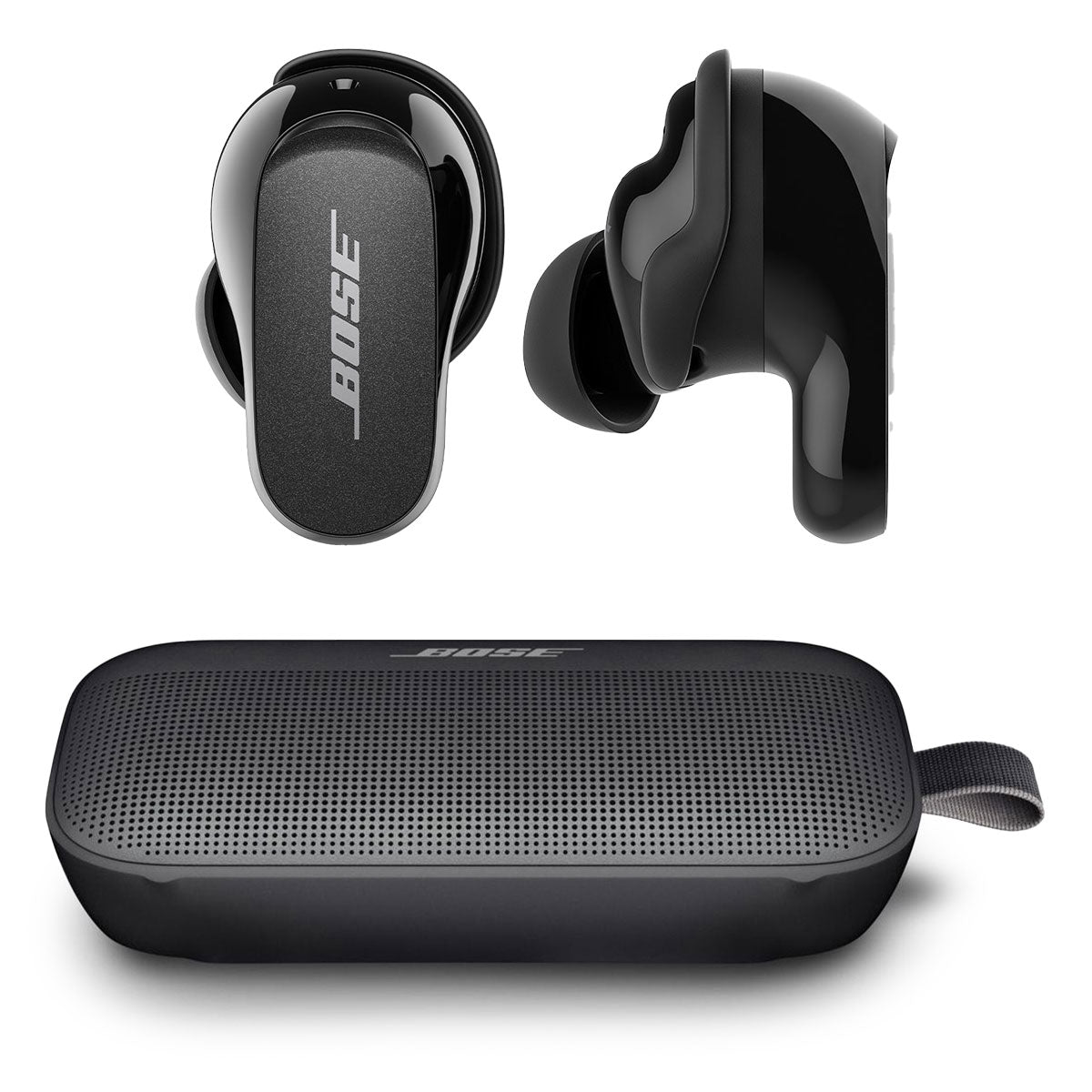 Bose QuietComfort Earbuds II True Wireless with Personalized Noise Cancellation (Triple Black) and Bose SoundLink Flex Bluetooth Portable Speaker (Black)