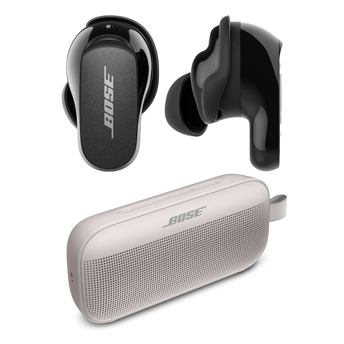 Bose QuietComfort Earbuds II True Wireless with Personalized Noise  Cancellation (Soapstone) and Bose SoundLink Flex Bluetooth Portable Speaker  (White Smoke)