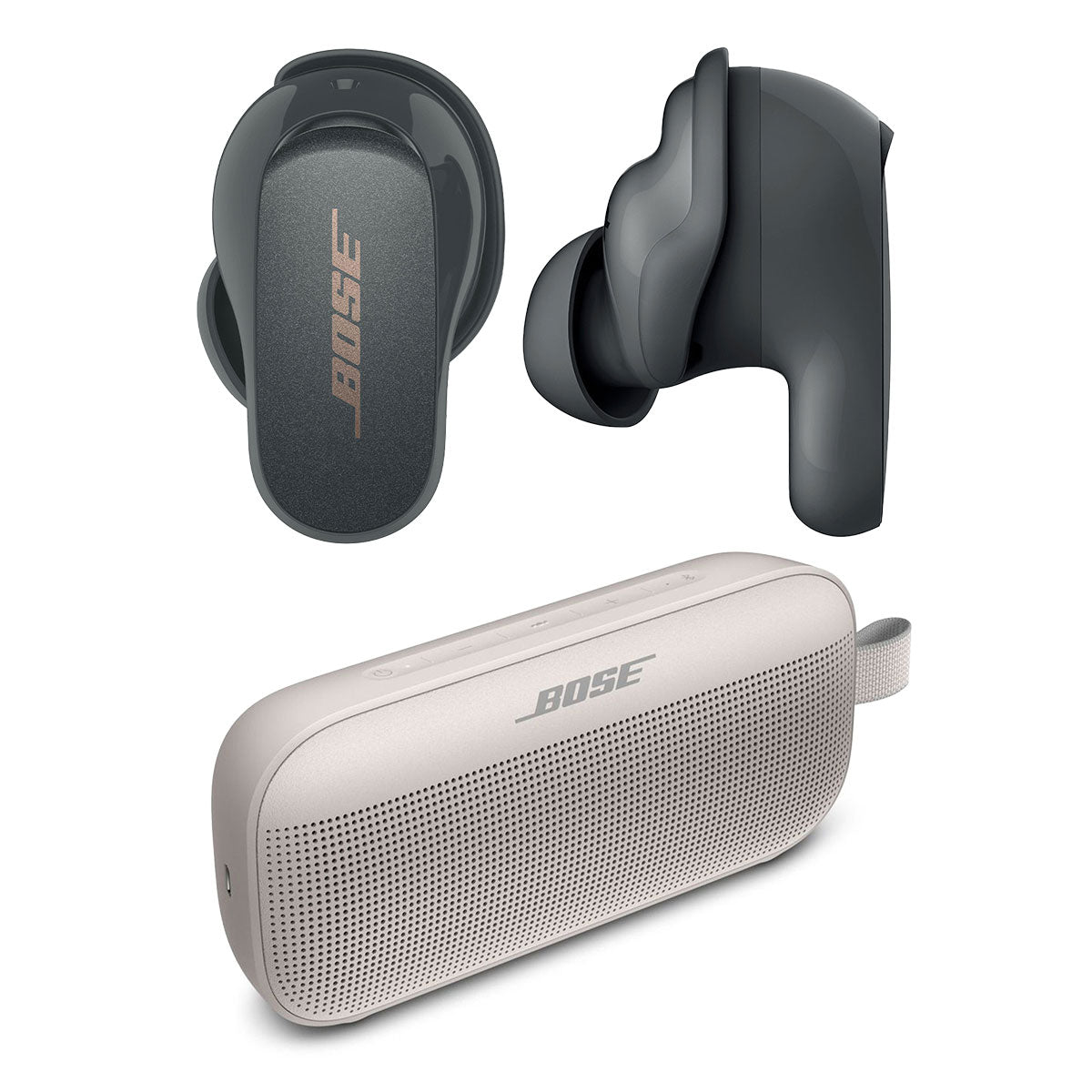 Bose QuietComfort Earbuds II True Wireless with Personalized Noise Cancellation (Eclipse Grey) and Bose SoundLink Flex Bluetooth Portable Speaker (White Smoke)