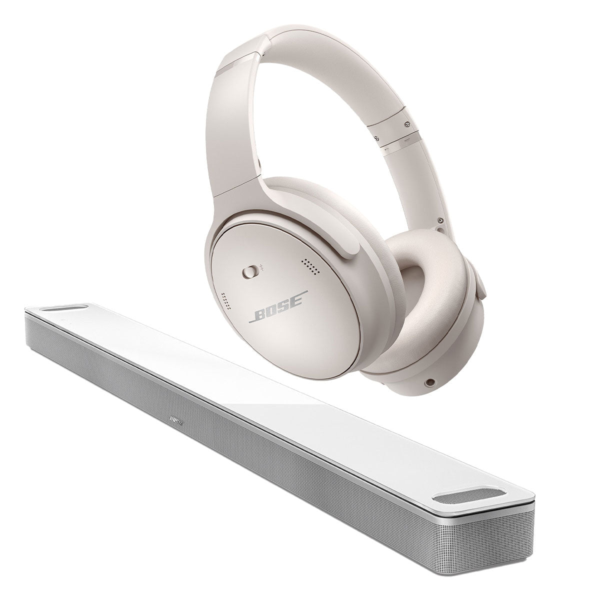 Bose QuietComfort 45 Wireless Noise Canceling Headphones (White) and Bose Smart Soundbar 900 with Dolby Atmos (White)