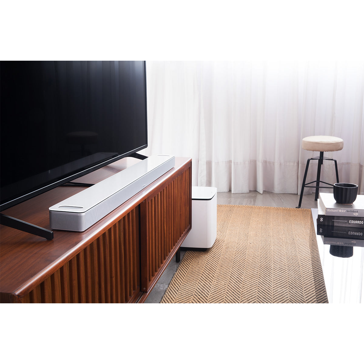 Bose QuietComfort 45 Wireless Noise Canceling Headphones (White) and Bose Smart Soundbar 900 with Dolby Atmos (White)
