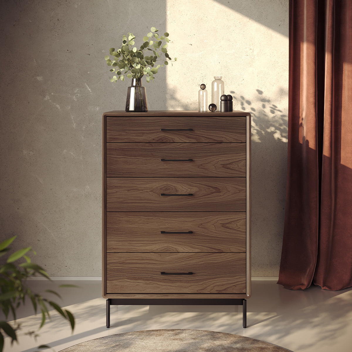 BDI LINQ 9185 Storage Chest with 5 Self-Closing Drawers and Metal Base (Natural Walnut)