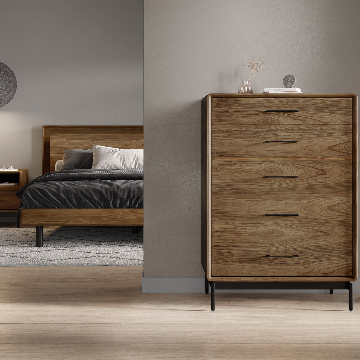 BDI LINQ 9185 Storage Chest with 5 Self-Closing Drawers and Metal Base (Natural Walnut)