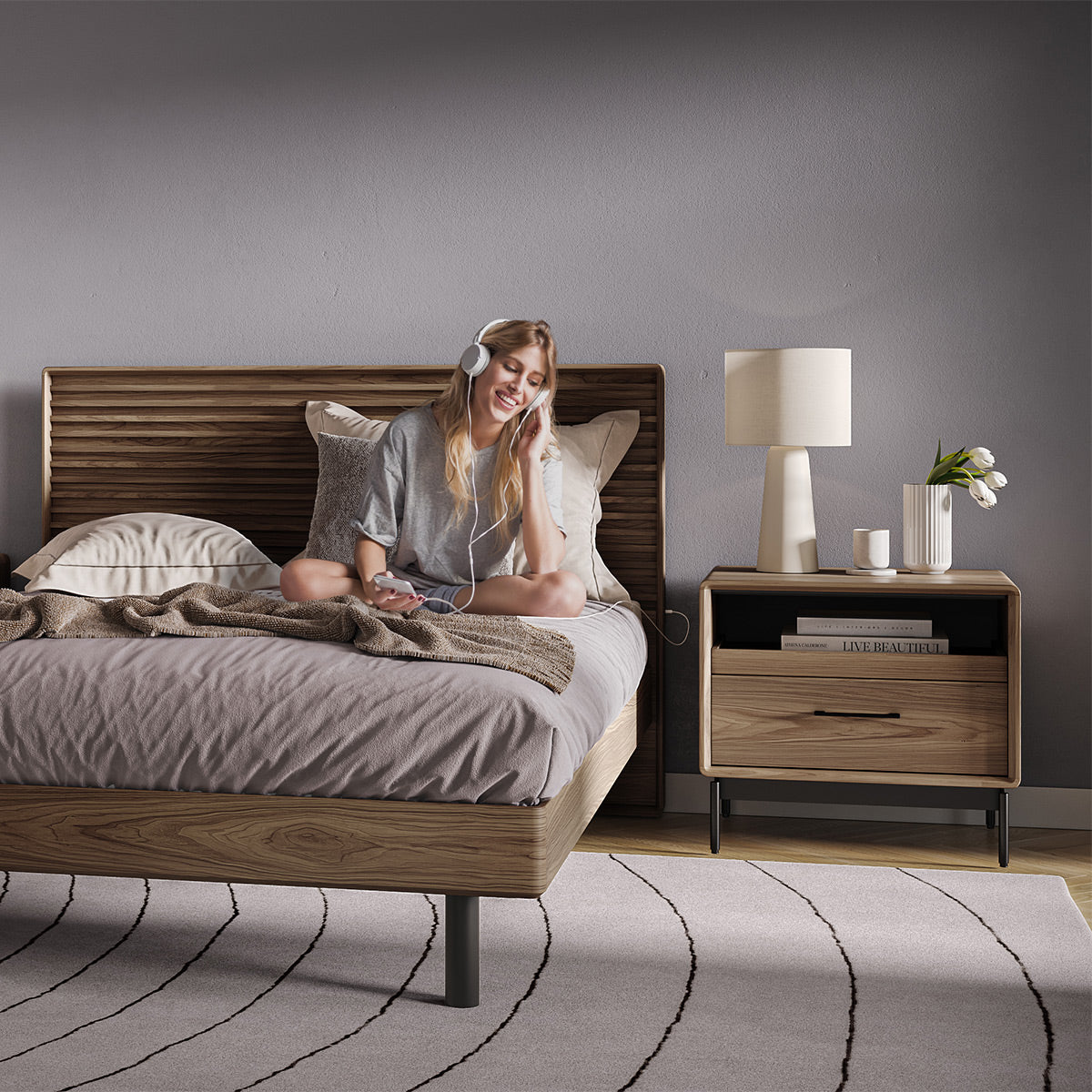 BDI LINQ 9182 28&rdquo; Nightstand with Sliding Shelves and Integrated Power Station (Natural Walnut)