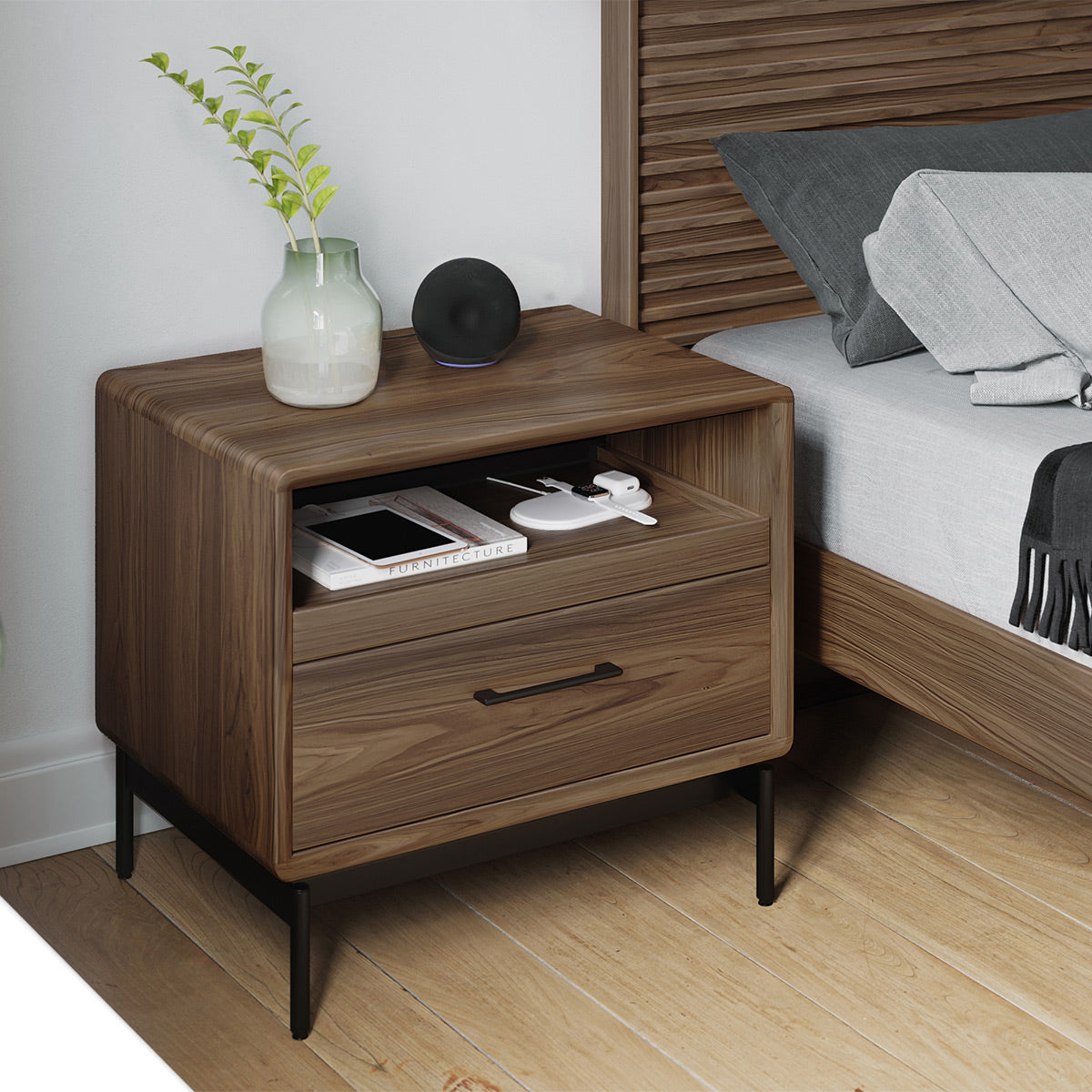 BDI LINQ 9182 28&rdquo; Nightstand with Sliding Shelves and Integrated Power Station (Natural Walnut)