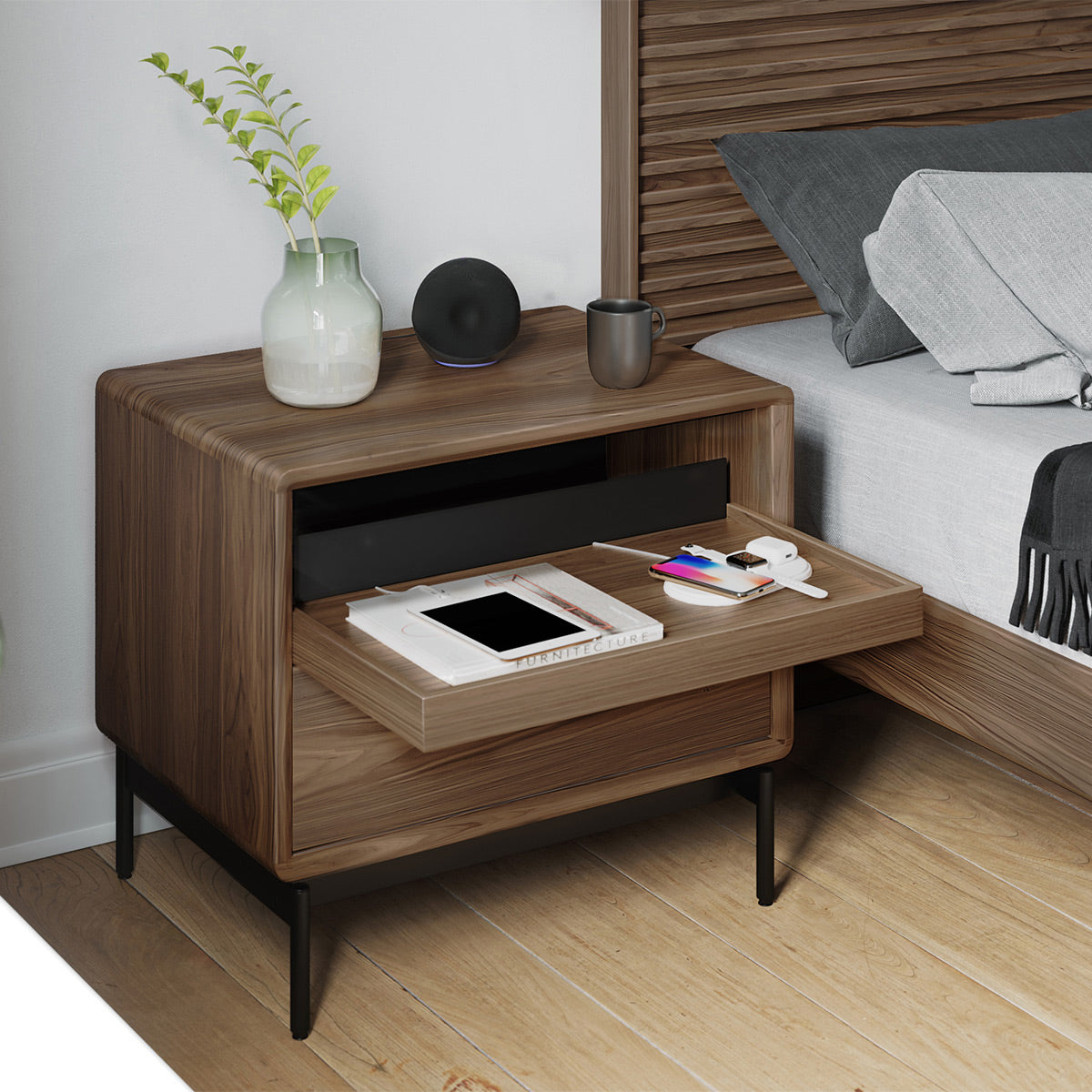 BDI LINQ 9182 28&rdquo; Nightstand with Sliding Shelves and Integrated Power Station (Natural Walnut)