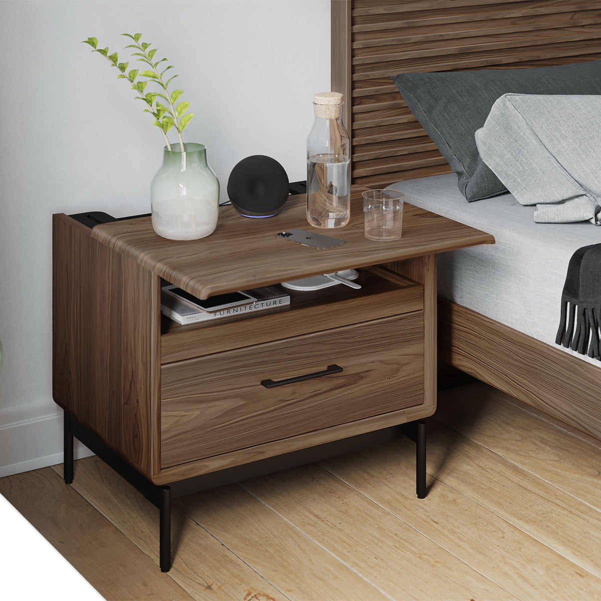 BDI LINQ 9182 28&rdquo; Nightstand with Sliding Shelves and Integrated Power Station (Natural Walnut)