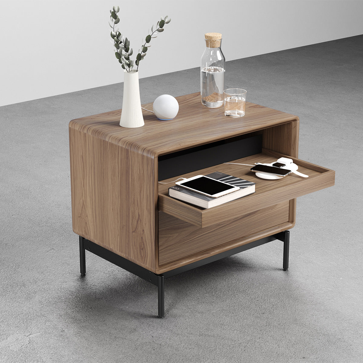 BDI LINQ 9182 28&rdquo; Nightstand with Sliding Shelves and Integrated Power Station (Natural Walnut)