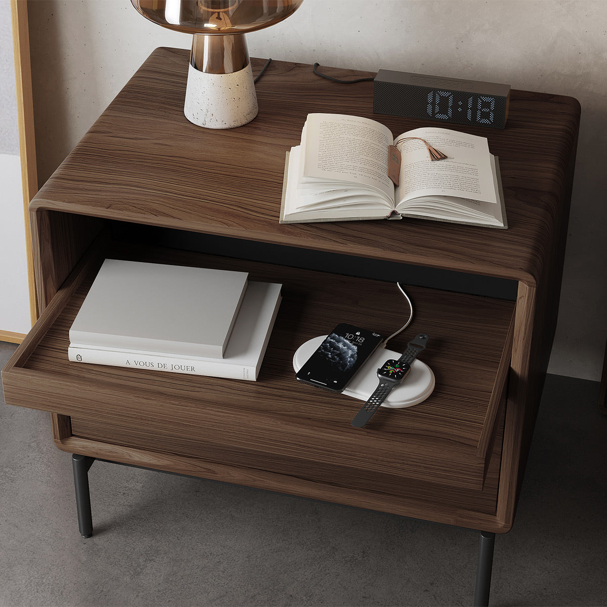 BDI LINQ 9182 28&rdquo; Nightstand with Sliding Shelves and Integrated Power Station (Natural Walnut)