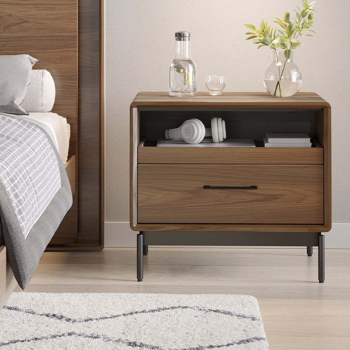 BDI LINQ 9182 28&rdquo; Nightstand with Sliding Shelves and Integrated Power Station (Natural Walnut)