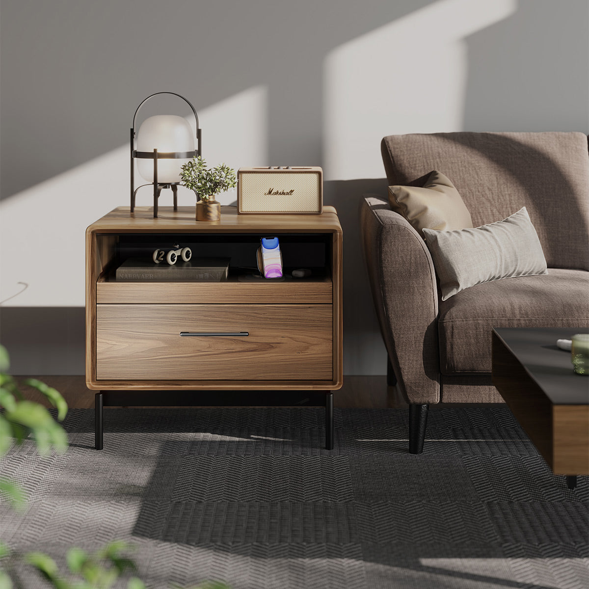 BDI LINQ 9182 28&rdquo; Nightstand with Sliding Shelves and Integrated Power Station (Natural Walnut)