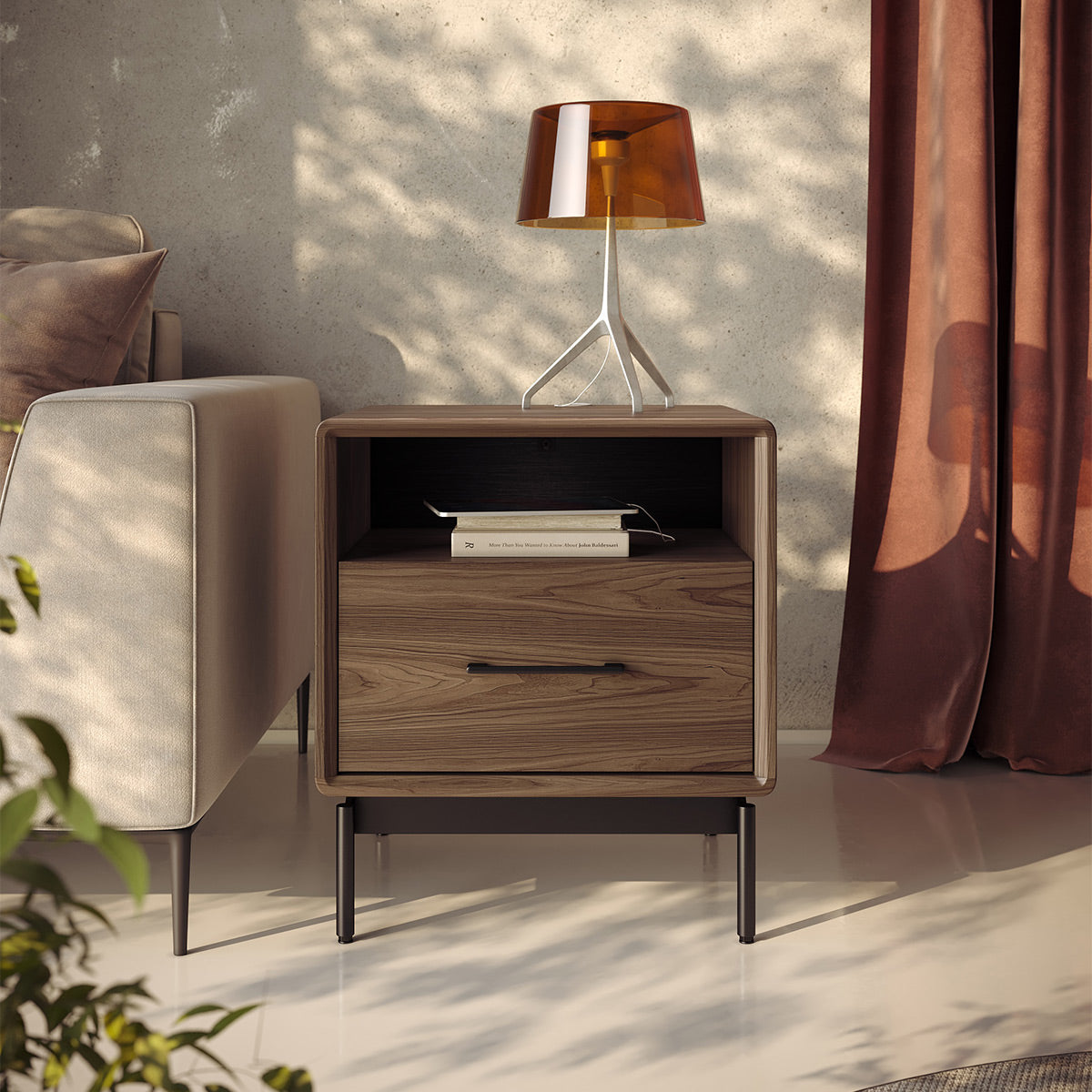 BDI LINQ 9181 22&rdquo; Nightstand with Top Slide and Integrated Power Station (Natural Walnut)