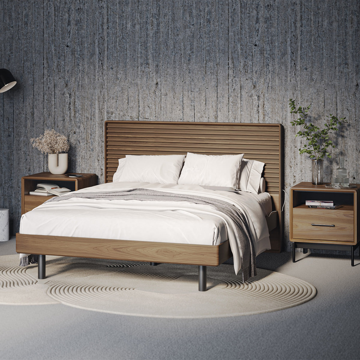 BDI Cross-LINQ 9127 Queen Size Bed with Slatted Headboard and Integrated Charging Stations (Natural Walnut)