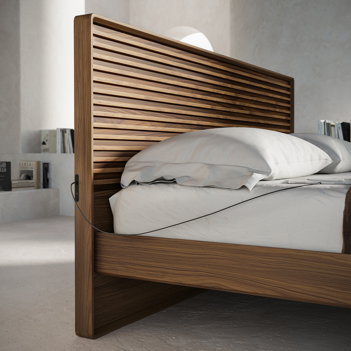BDI Cross-LINQ 9127 Queen Size Bed with Slatted Headboard and Integrated Charging Stations (Natural Walnut)
