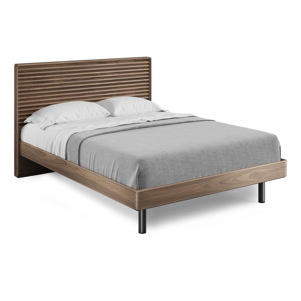 BDI Cross-LINQ 9127 Queen Size Bed with Slatted Headboard and Integrated Charging Stations (Natural Walnut)