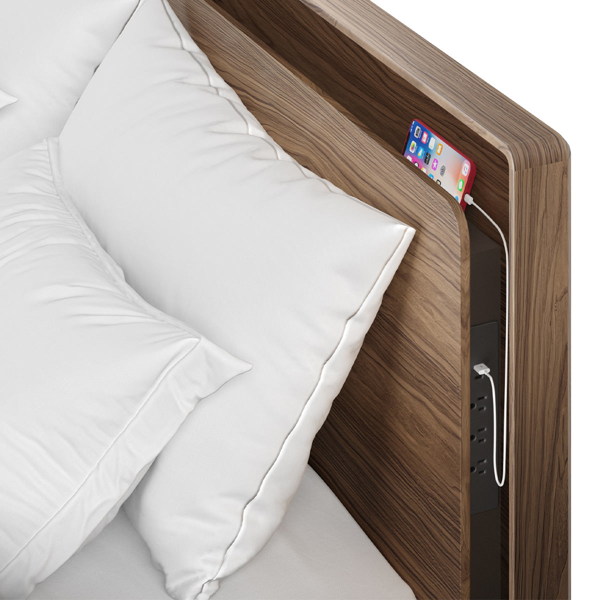 BDI Up-LINQ 9117 Queen Size Bed with Dual-Level Headboard, Dimmable Accent Lighting, and Integrated Power Stations (Natural Walnut)
