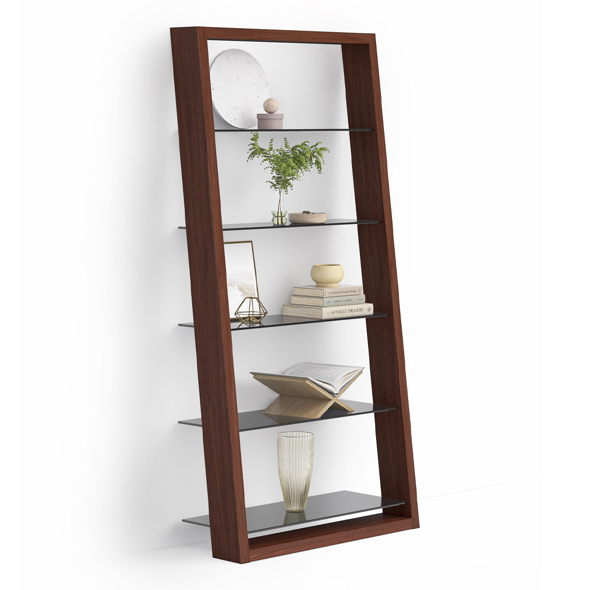 BDI Eileen 2.0 5166 Leaning Shelf with Grey-Tinted Glass Shelves (Chocolate Stained Walnut)